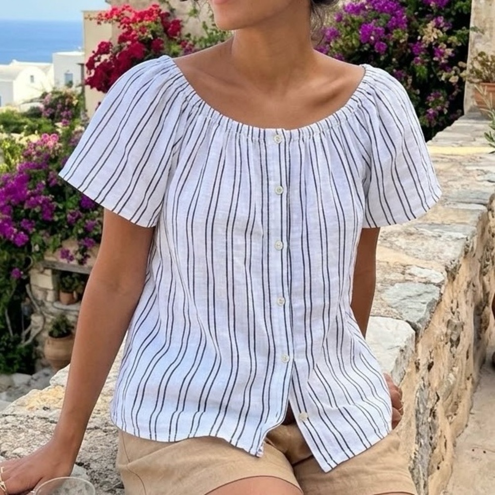 Terzo Millennio 100% Linen Italy Striped Blouse Coastal Boho Quite Luxury Chic